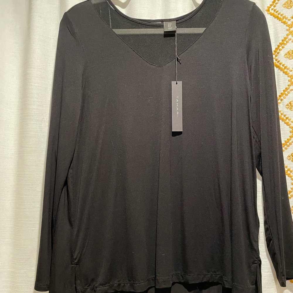 Brand new black Tahari dressy long blouse! Has VNeck sheer front.